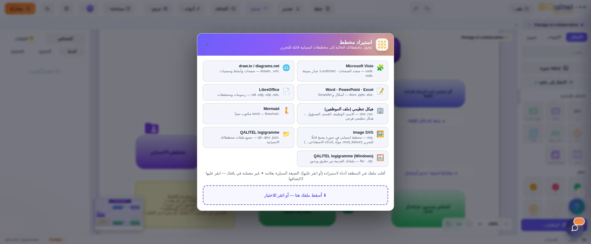 رسم Visio مستورد وقد أصبح مخططًا انسيابيًا قابلًا للتحرير في QALITEL logigramme نسخة Pro