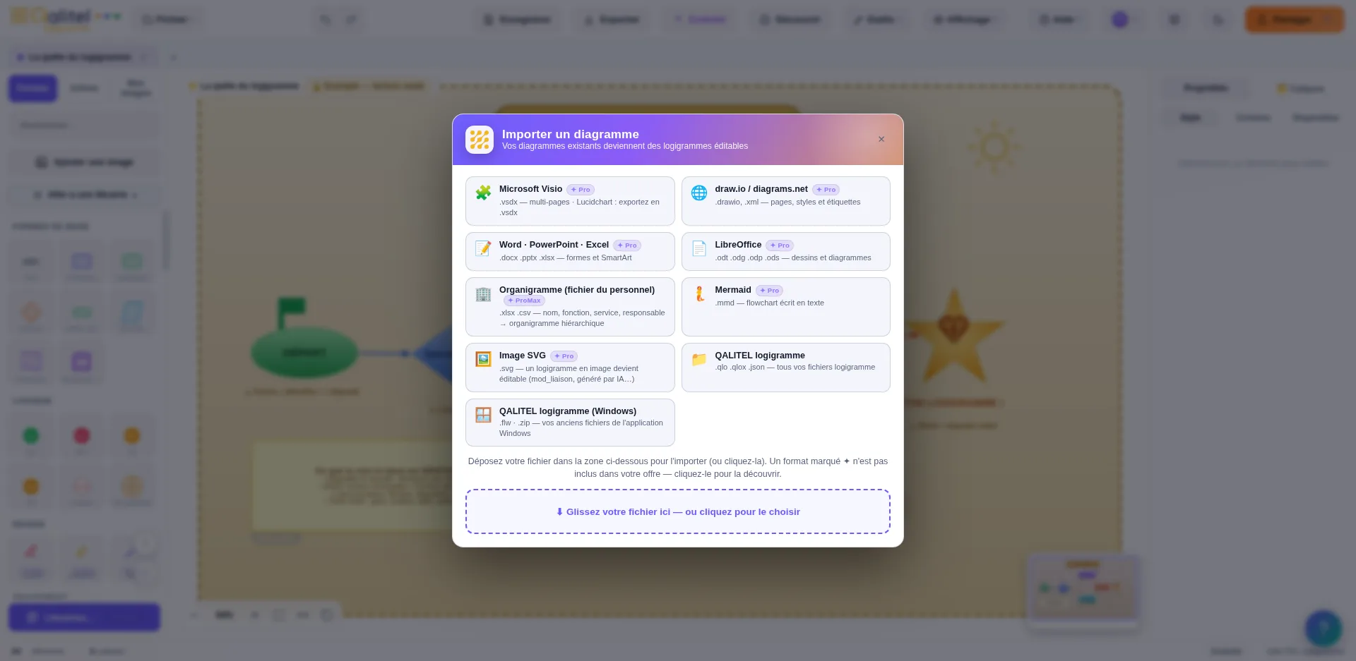 Un fichier Visio importé, devenu logigramme éditable dans QALITEL logigramme