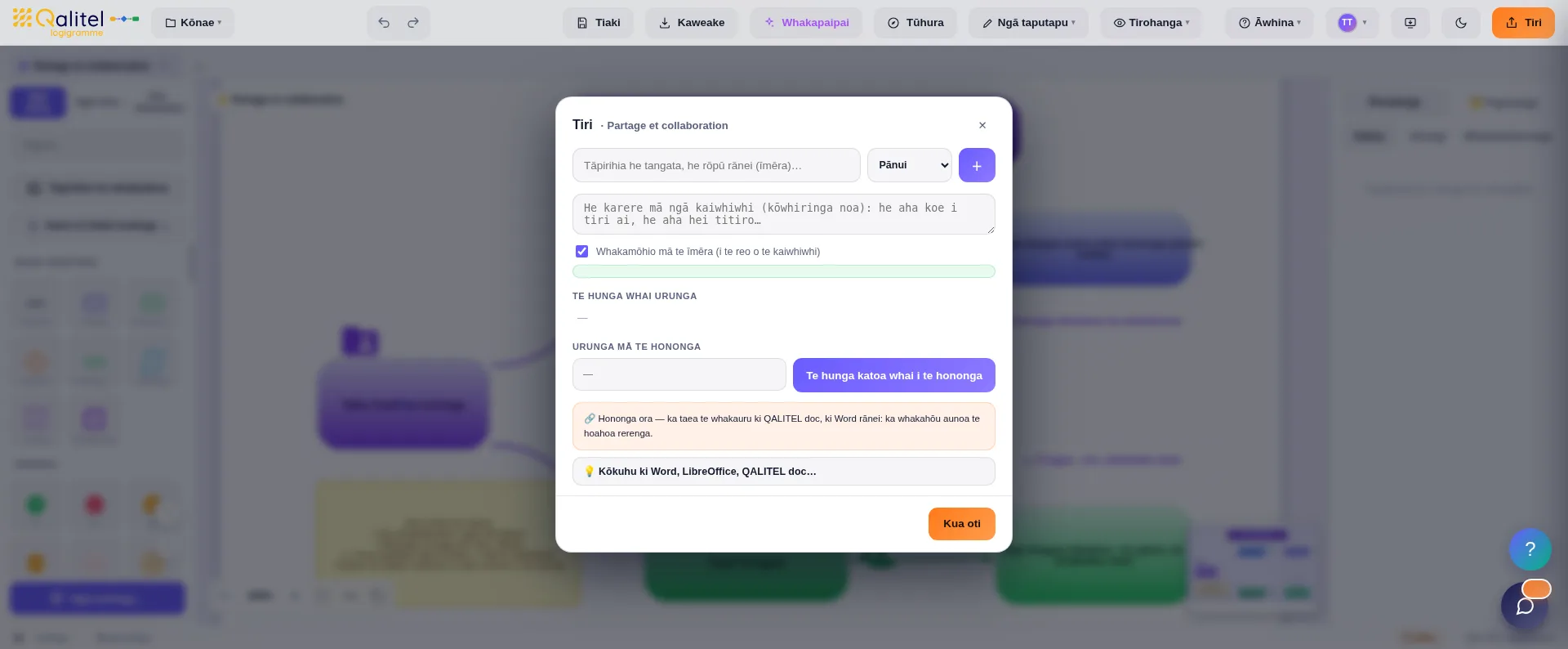Le dialogue de partage d'un logigramme : lien de consultation révocable et partage nominatif