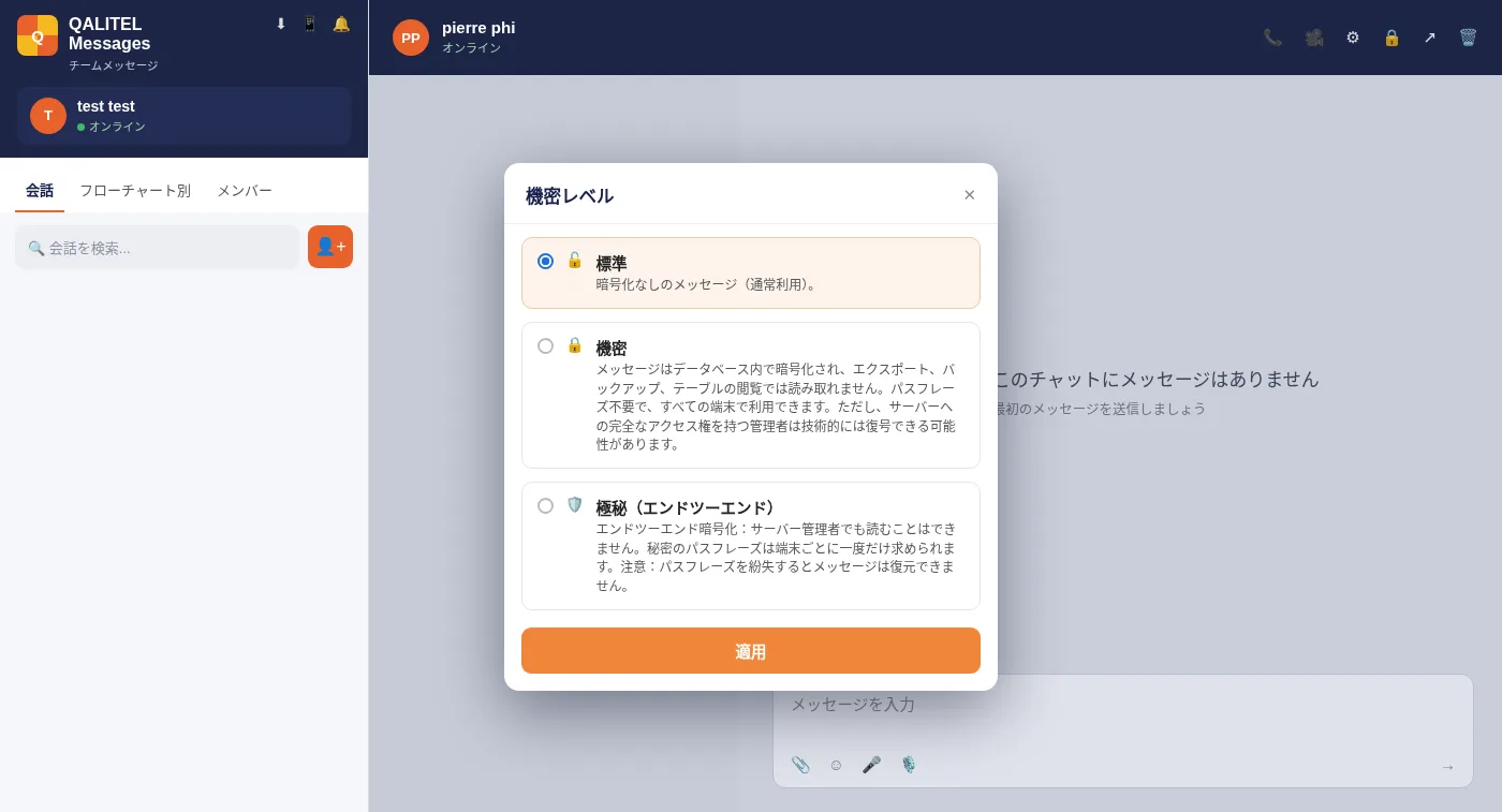 QALITEL logigrammeのメッセージングにおける会話の機密レベルの選択