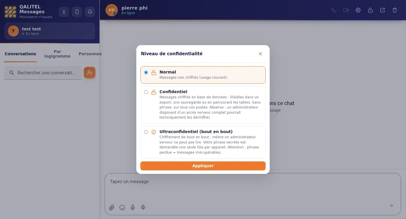 Choix du niveau de confidentialité d'une conversation dans la messagerie de QALITEL logigramme