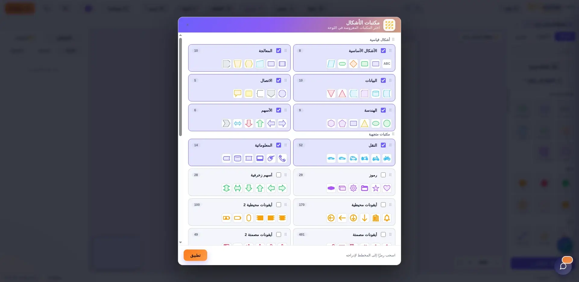 مكتبات أشكال قياسية وقطاعية للمخططات الانسيابية